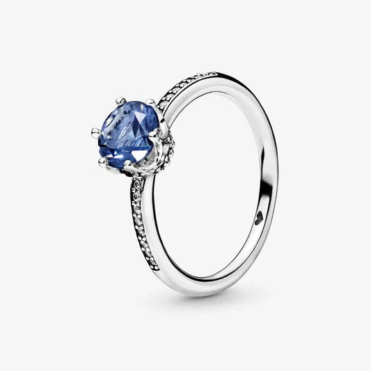 Silver Ring with Blue Stone and Crown Details