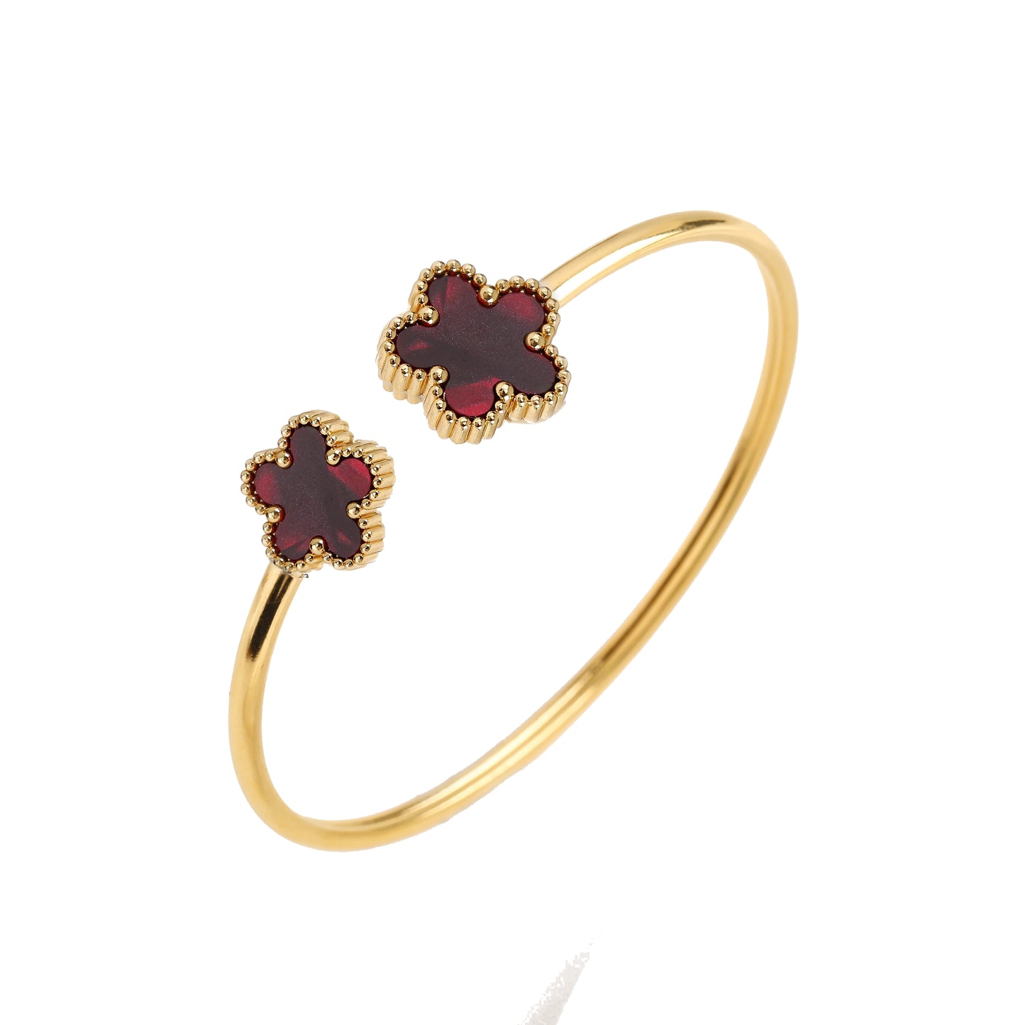 Brazalete Abierto con Detalle de Flor Burdeos en Oro