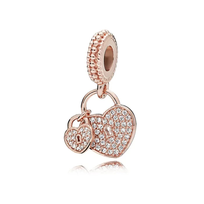 Hearts Charm with Padlock in Rose Gold