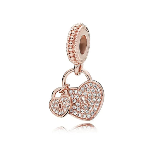 Hearts Charm with Padlock in Rose Gold