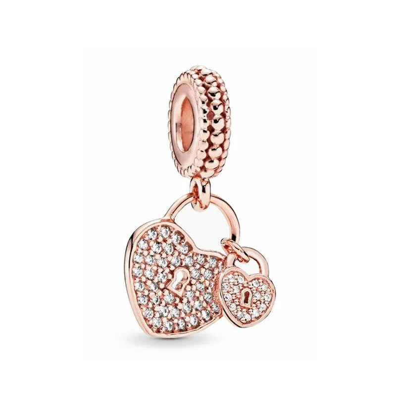 Charm de candado doble corazón brillante en oro rosa