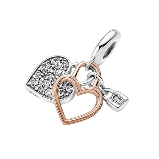 Charm de Corazones y Candado en Oro Rosa