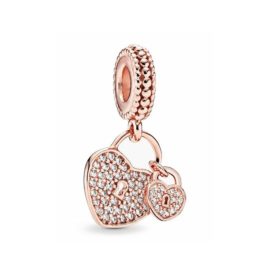 Charm de candado doble corazón brillante en oro rosa