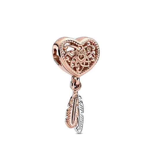 Charm de Corazón con Plumas en oro rosa
