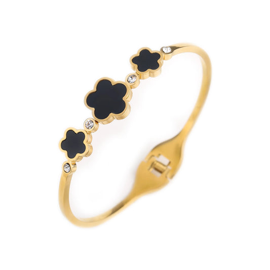 Pulsera Ajustable con Flores de Esmalte Negro y Zirconia en Oro